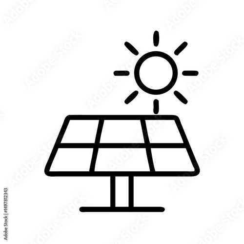 Solar panel generating energy under the sun with simple vector linear icon  