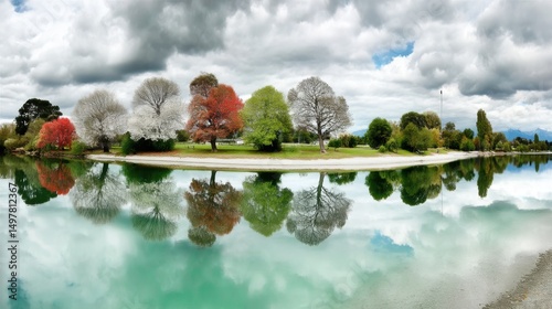 Autumn Reflection: Vibrant Trees Mirroring in Tranquil Lakeside Scene
