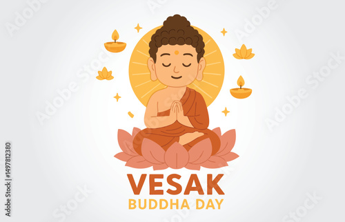 Vesak Buddha Day Peaceful Buddha Meditating on Lotus Flower

