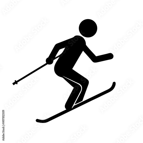 Clean vector silhouette icon of a person skiing, perfect for design projects