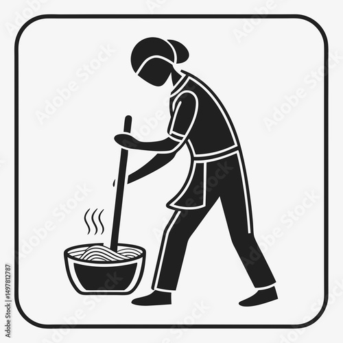 Woman stirring noodles in a large pot cooking delicious food