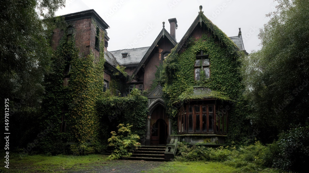 Obraz premium Abandoned mansion overgrown with ivy