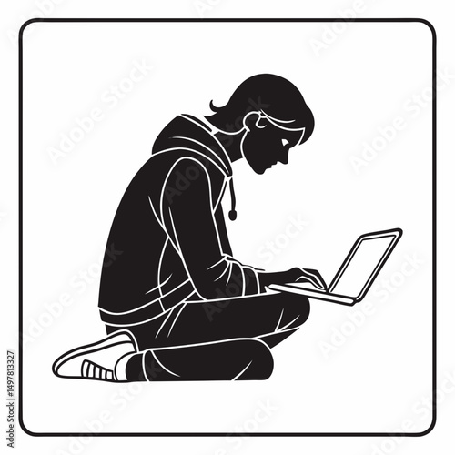 Young person working on laptop, clean cutout, transparent background