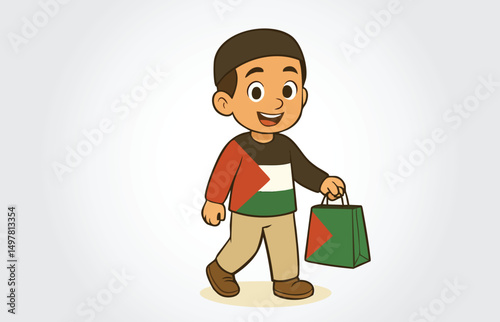 muslim palestinian boy shopping cartoon character template
