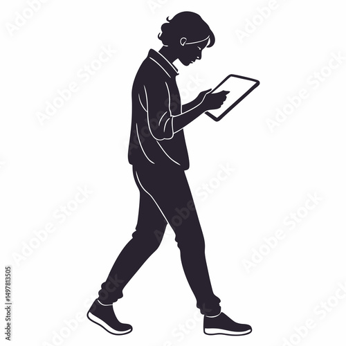 Young person walking using tablet digital device silhouette