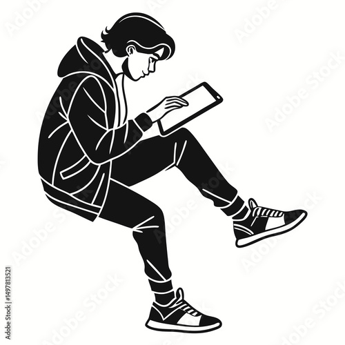 Young person sitting using tablet digital device technology