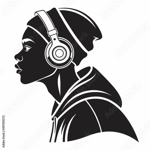 Young black woman profile wearing headphones stylish hoodie