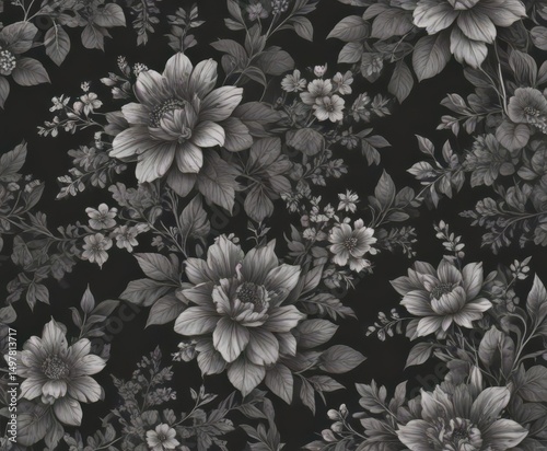 Elegant charcoal small floral wallpaper  Delicate botanical pattern, seamless repeat , seamless, subtle