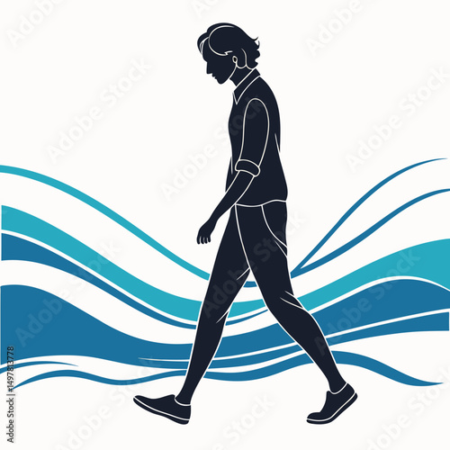 Silhouette of a person walking by blue wavy lines