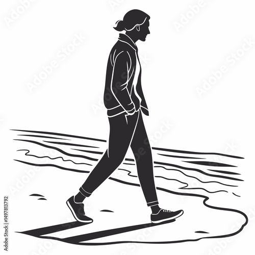 Person walking on beach seaside ocean shore silhouette
