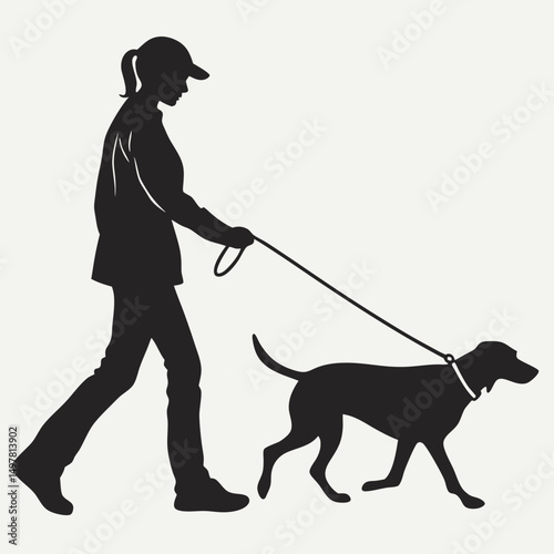Woman walking dog silhouette simple graphic design