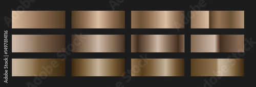 Elegant bronze gradient swatches collection. Metallic textures with polished foil shine and satin smooth. Glossy palette for vintage and luxury designs and branding