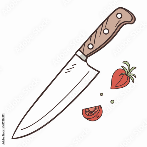Chefs knife with strawberry and tomato slices illustration