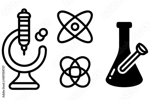 Science Experiment Icons Microscope Atom and Beaker