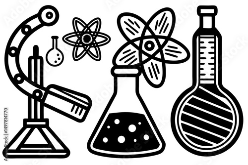 Science Lab Equipment and Atom Icons Black and White Illustration