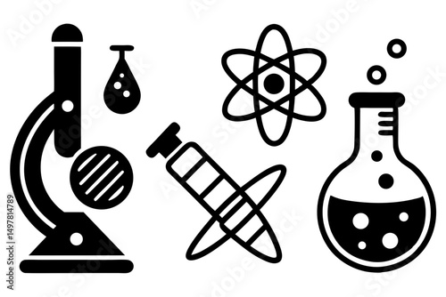 Science icons set microscope atom flask pipette