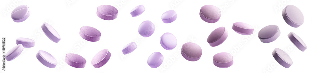 Obraz premium PNG Floating purple pills scattered, element set on transparent background