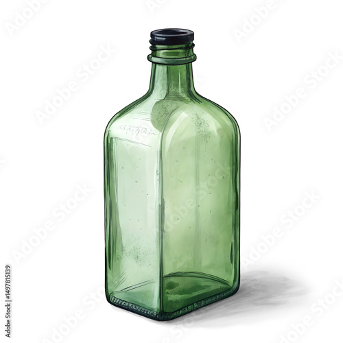 A  green glass bottle, positioned centrally in the image isolated on white or transparent background