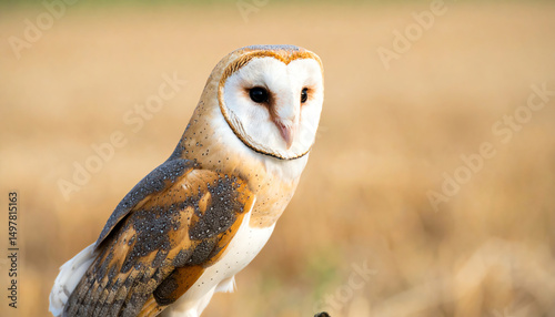 A majestic barn owl perches gracefully, showcasing its striking features against a softly blurred golden field background
