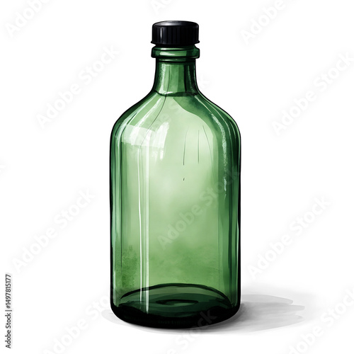 A  green glass bottle, positioned centrally in the image isolated on white or transparent background