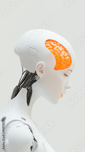 Futuristic female robot with exposed orange brain, minimalistic white design and delicate human-like features.