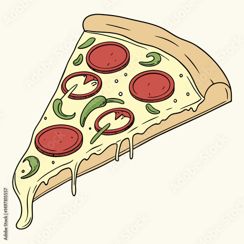Delicious melted cheese pizza slice salami peppers