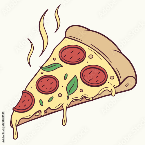 Delicious melty cheese pepperoni pizza slice cartoon illustration