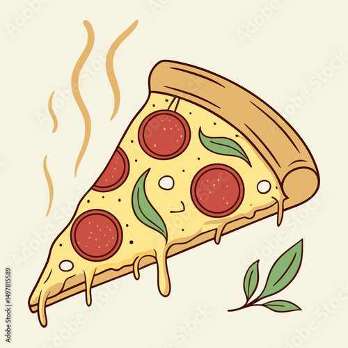Delicious melted cheese pepperoni pizza slice cartoon illustration