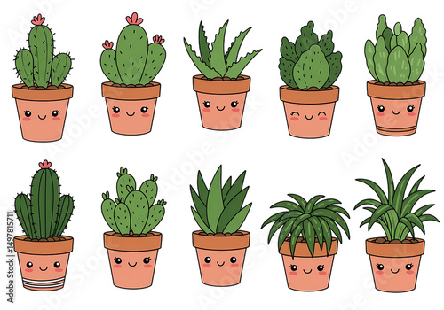 Ten Cute Cartoon Cactus and Succulent Plants in Pots