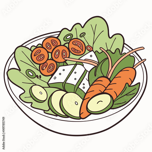 Fresh vegetable salad bowl healthy eating cartoon illustration