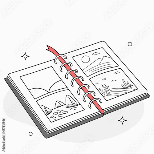 Open spiral bound photo album with landscape illustrations