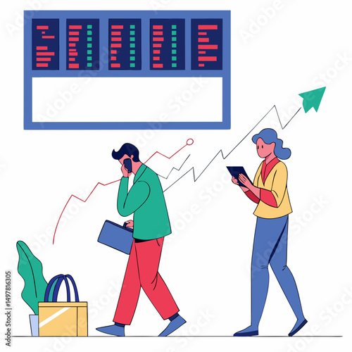 Business people walking upward trending graph stock market success