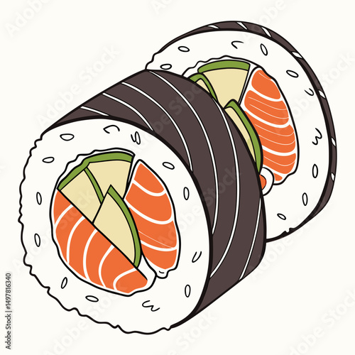 Delicious sushi roll salmon avocado japanese food illustration