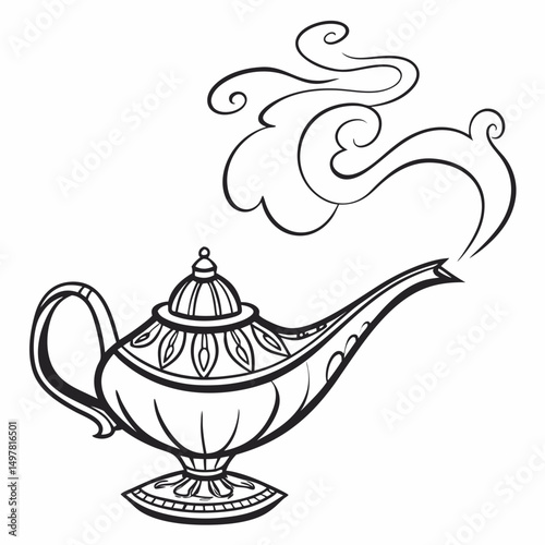 Ornate aladdin lamp genie wish magic smoke fantasy