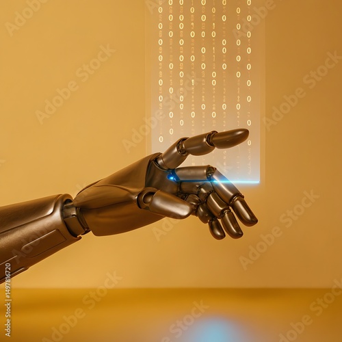 Futuristic Robot Hand Interacting with Digital Binary Codes