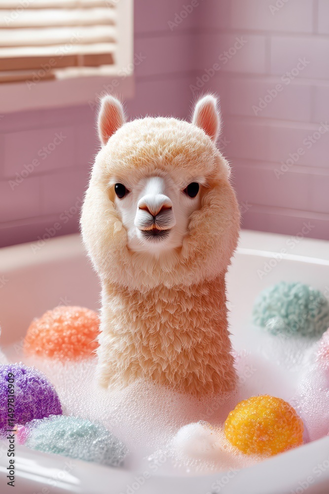 Fototapeta premium Llama takes a bubble bath in a pastel-colored bathroom full of colorful bath balls