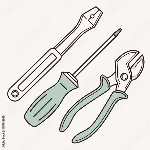 Hand drawn illustration of tools screwdriver pliers wire cutters