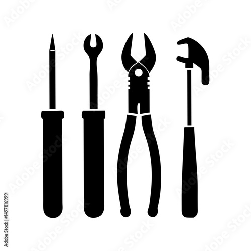 Ten appliance repair tools silhouette vector illustration set