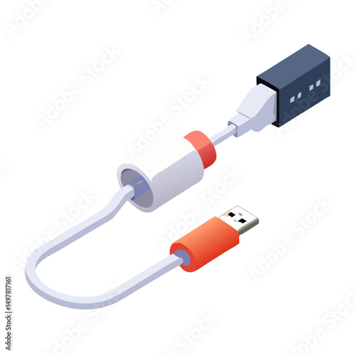 Professional isometric usb cable cutout with transparent background