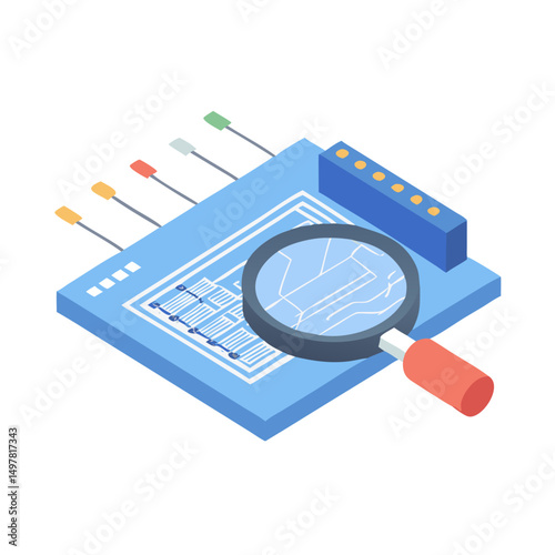 Isometric circuit board inspection magnifying glass professional design element