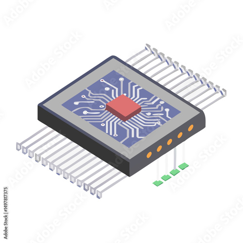 High-quality isometric microchip illustration with transparent background
