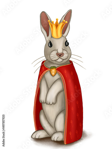 A regal grey rabbit, adorned in a red carrot-patterned cape and a golden crown, sits majestically, exuding an air of playful royalty.