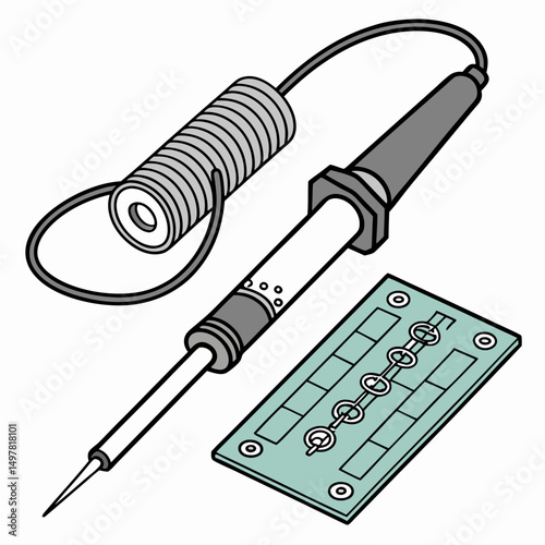 Professional soldering iron and circuit board cutout, transparent background