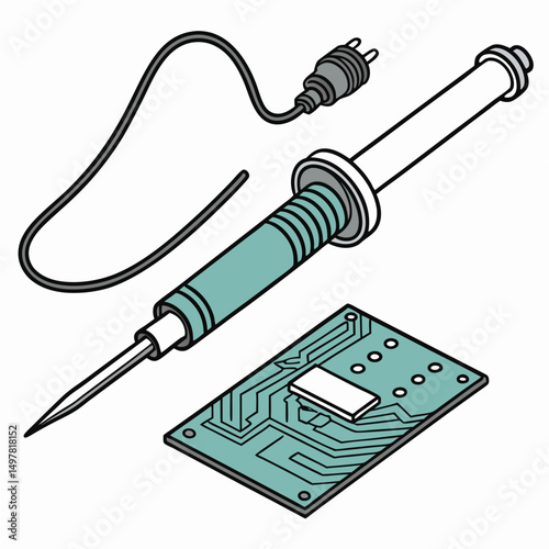 Professional soldering iron and circuit board cutout, transparent background