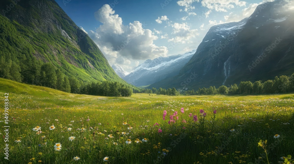 Obraz premium Lush meadow with flowers nestled between mountains, under a sunny sky.