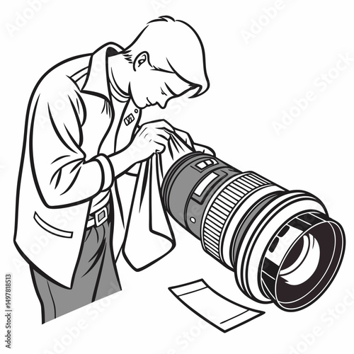 Photographer carefully cleaning camera lens with cloth