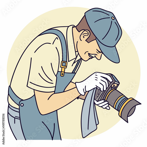 Photographer cleaning camera lens professional dslr camera maintenance