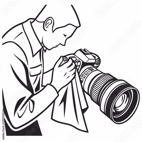 Professional photographer cleaning dslr camera lens with cloth on white background
