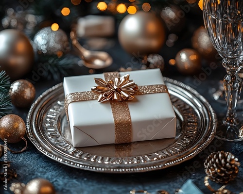 A beautifully wrapped gift on a shimmering silver platter surrounded by festive holiday decor