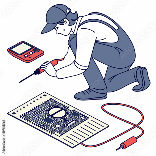 Technician repairing circuit board using soldering iron and multimeter